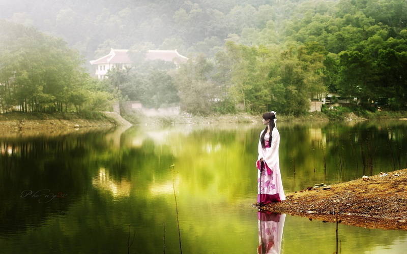 water, plant, leisure activity, women, standing, full length, rear view, real people, lake, bamboo, nature, scenics - nature, ancient, adult, 1080P, day