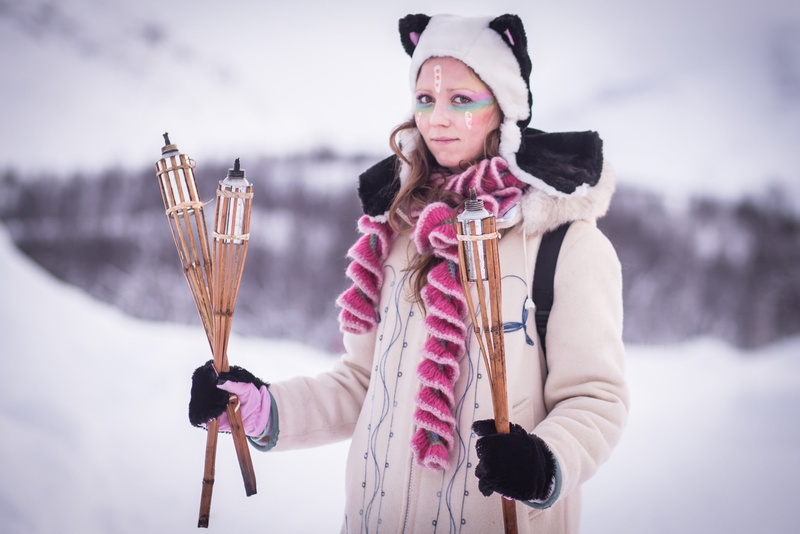 mountain, gloves, face paint, adult, holding, nature, sport, young women, cold temperature, looking at camera, outdoors, cat ears, ski-wear, women, warm clothing
