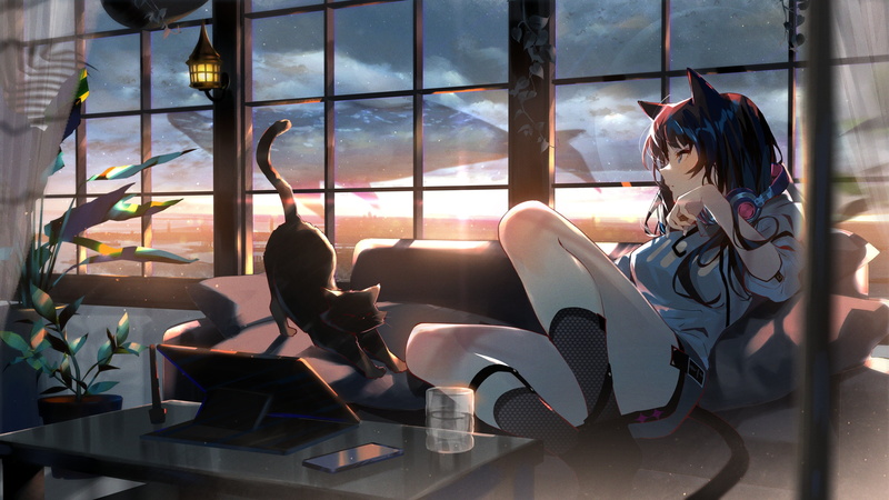 window, sky, anime girls, cat girl, room, Arutera, 4K, black cats, original characters