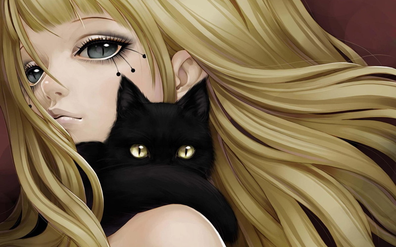 shoulder, black, yellow, hair, 2K, blonde, girl, cat, 2560x1600, anime, character, woman