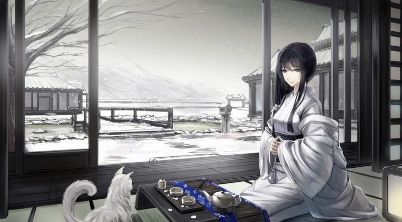 Japanese clothes, traditional clothing, snow, Japanese, kimono, winter, black hair, 1080P, Asian architecture, cat, anime girls, original characters