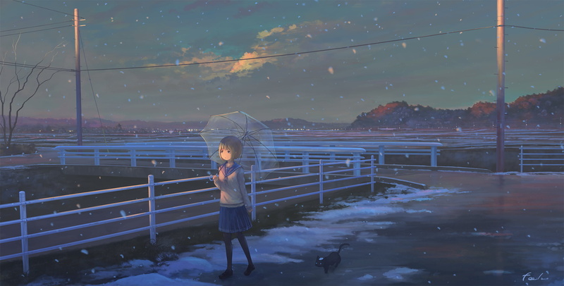 black cats, umbrella, 1080P, Nasitaki, winter, original characters, anime girls