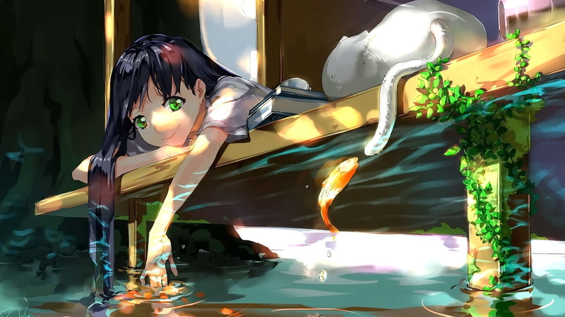 water, brunette, fish, long hair, green eyes, black hair, smiling, cat, anime girls, books, 1080P, original characters, anime, looking at viewer