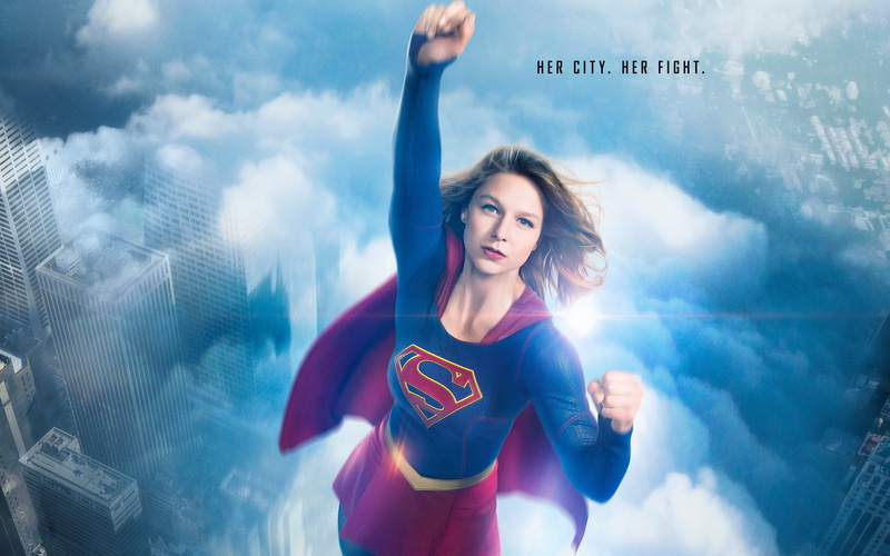 costume, girl, the sky, TV Series, the series, flight, height, Kara Danvers, Supergirl, Melissa Benoist, 2K, home, clouds, the city, Kara Zor-El, hairstyle