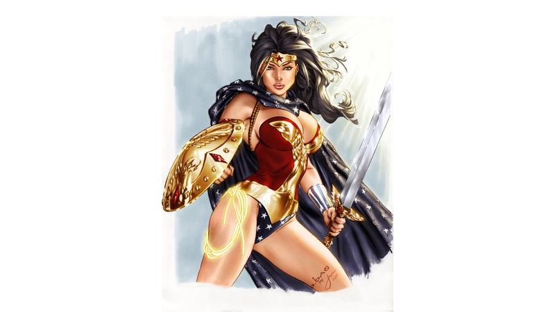 Superhero, Wonder Woman, Sword, Comics, Hair, Cloak, Cape, Brunette, Lasso Of Truth, DC Comics, Costume, 4K, Hero, Shield, Amazon, Tiara, Protective bracelets