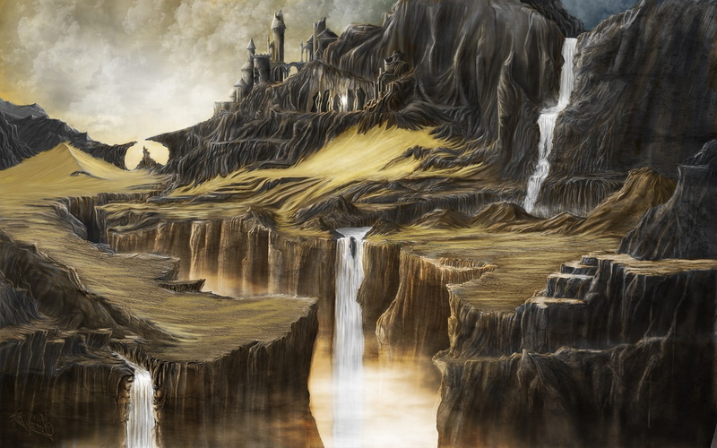 1080P, artwork fantasy art painting digital art nature waterfall rock water cliff sculpture mountain tower castle sand hill clouds