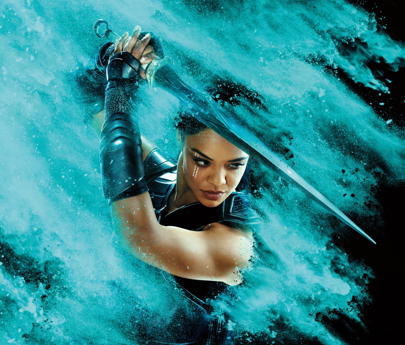 Tessa Thompson, Valkyrie, 4K, Thor Ragnarok, sword, 4K, woman, suit, digital, black