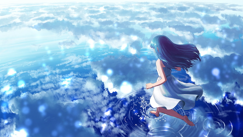 water, swimming pool, anime girl, outdoors, cloud - sky, lifestyles, casual clothing, walking on water, adult, real people, side view, beauty in nature