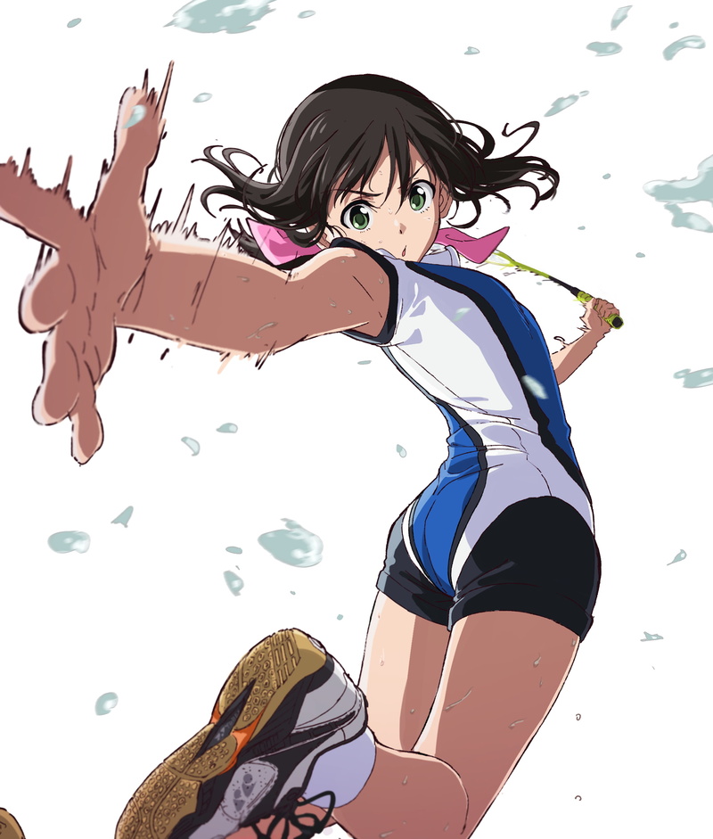 digital art, badminton, anime, sportswear, HANEBADO!, 1080P, white background, sneakers, black hair, anime girls, badminton racket, fan art, artwork, jumping