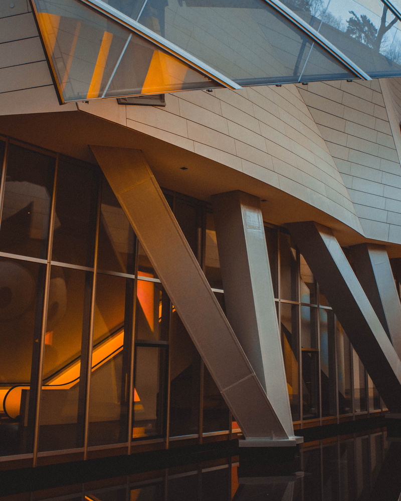 ceiling, outdoors, railing, girder, louis vuiton, staircase, louis vuitton foundation, future, architecture, city, low angle view, transportation, pattern