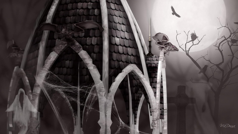 dead tree, 3d and a, spider webs, cross, spirits, 1080P, ghosts, candle holder, gravestones, ravens, halloween, never