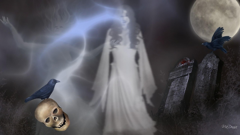 skull, 1080P, death, mist, scary, spirits, ravens, creepy, spider, ghosts, birds, halloween, abound, full moon