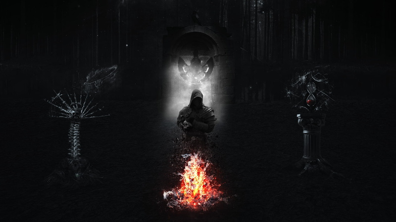 spider, mist, skeleton, forest, Diablo, Ghosts, Pendulum, skull, Trees, souls, birds, Gloomy, fire, black, boat, Hourglasses, roots, grim reaper, rock