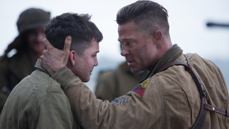 Fury, people, portrait, young adult, clothing, Logan Lerman, safety, close-up, side view, Movie, 1080P, adult, security, Brad Pitt, emotion, two people