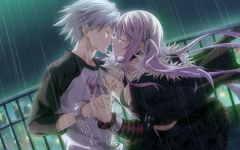 twintails, awesome, shiina, night, white-hair, 720P, anime, rain, ribbon, joe, cool, city-lights, couple, kiss