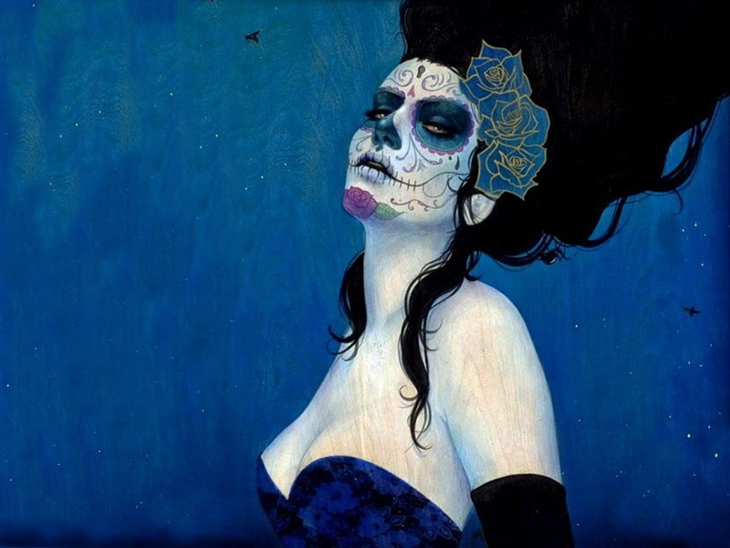 leisure activity, waist up, looking away, beautiful woman, 2K, vector art, make-up, portrait, creativity, blue, representation, hair, Dia de los Muertos