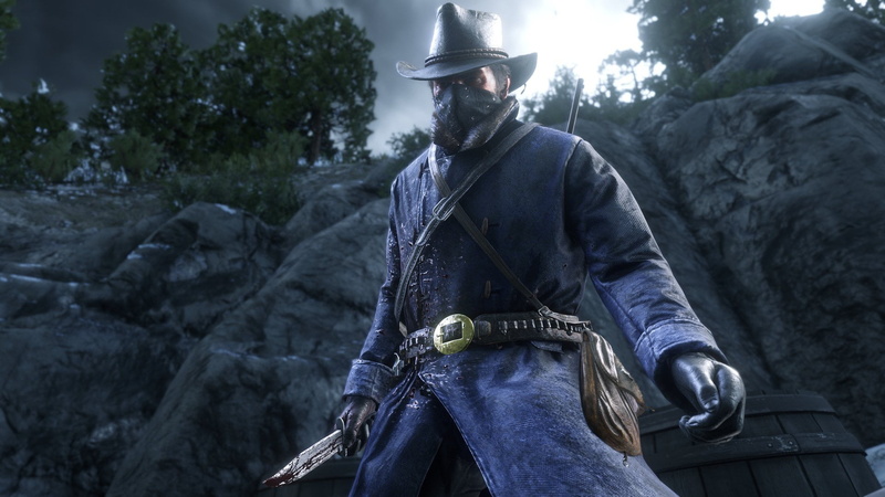 Red Dead Redemption 2, Rockstar, mountains, 1080P, Bandit, knife, gloves, Arthur Morgan, mask, hat, revolver