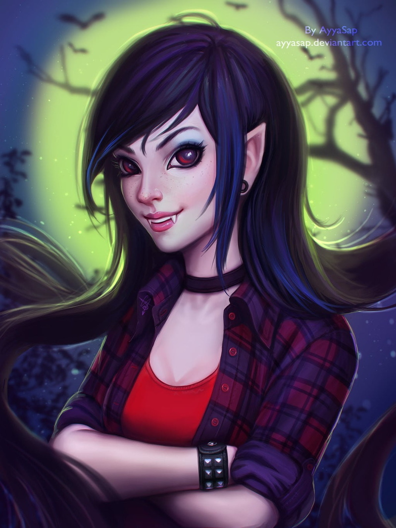 make-up, nightlife, long hair, anime, women, beautiful woman, young women, Marceline the vampire queen, front view, portrait, looking at camera, Adventure Time