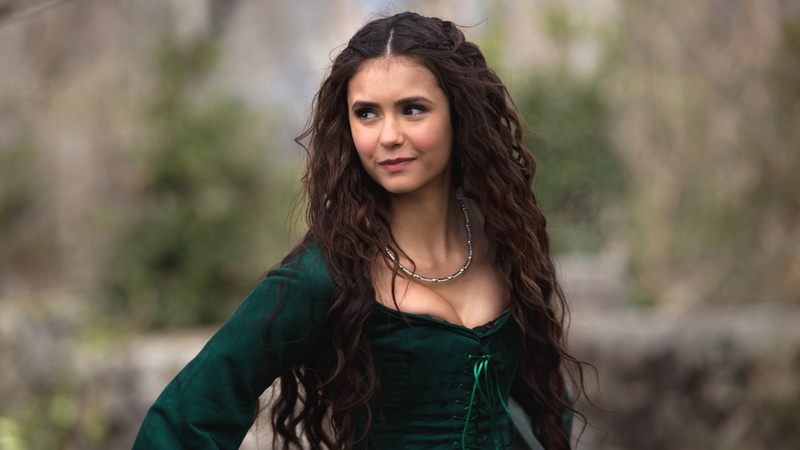 wearing, long, The Vampire Diaries, dress, 5K, neck, sleeved, Katherine Pierce, Nina Dobrev, HD, woman, green, scoop, 5K