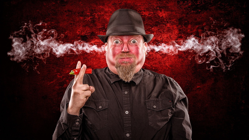 chilli peppers, men, smoke, red, humor, 2K