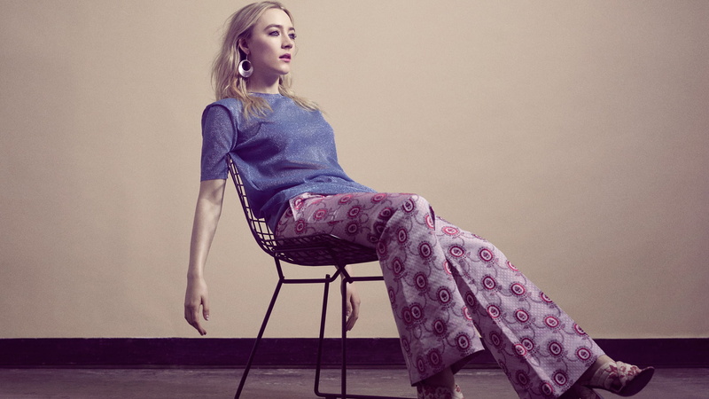 sitting, seat, blond hair, hairstyle, beautiful woman, portrait, 1080P, Saoirse Ronan, casual clothing, chair, hair, women, one person, clothing, fashion