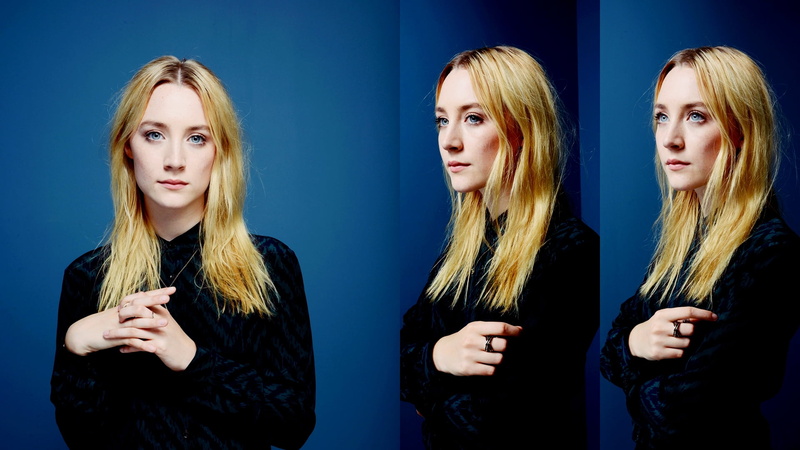 collage, front view, long hair, people, studio shot, blue eyes, beautiful woman, standing, blue, Saoirse Ronan, young adult, adult, blond hair, hairstyle