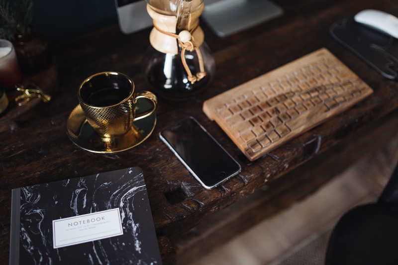 high angle view, barista, dark, retro, selective focus, business, wooden, drink, tea cup, no people, coffee maker, coffee - drink, table, workspace, coffee