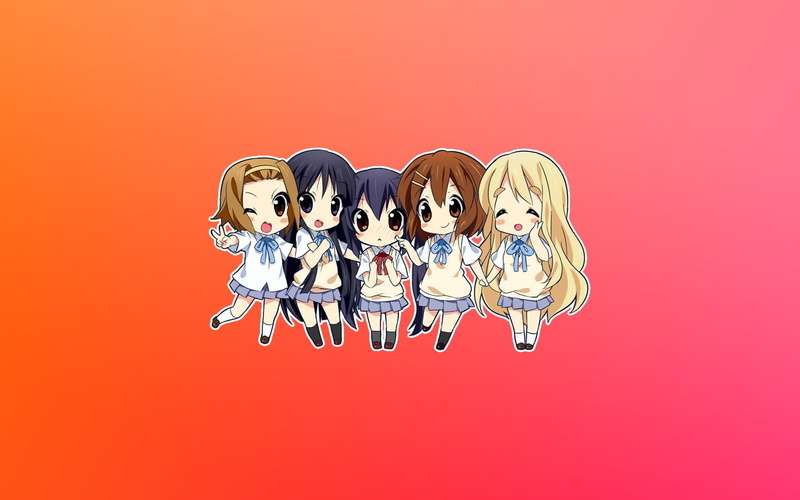 fashion, Hirasawa Yui, chibi, Nakano Azusa, K-ON!, togetherness, fun, child, red background, friendship, studio shot, red, Tainaka Ritsu, Akiyama Mio, smiling