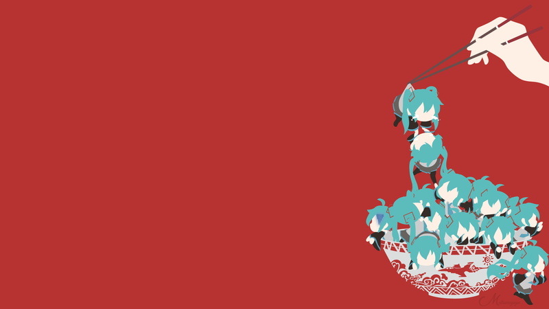Vocaloid, copy space, minimalism, red, anime girls, sweet, celebration, design, animal representation, close-up, 1080P, ramen, red background, studio shot
