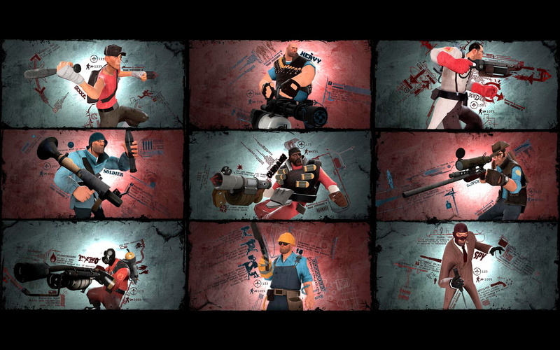 multi colored, day, messy, backgrounds, Engineer, wall - building feature, Scout, people, Demoman, war, multiple image, digital composite, 1080P, Heavy