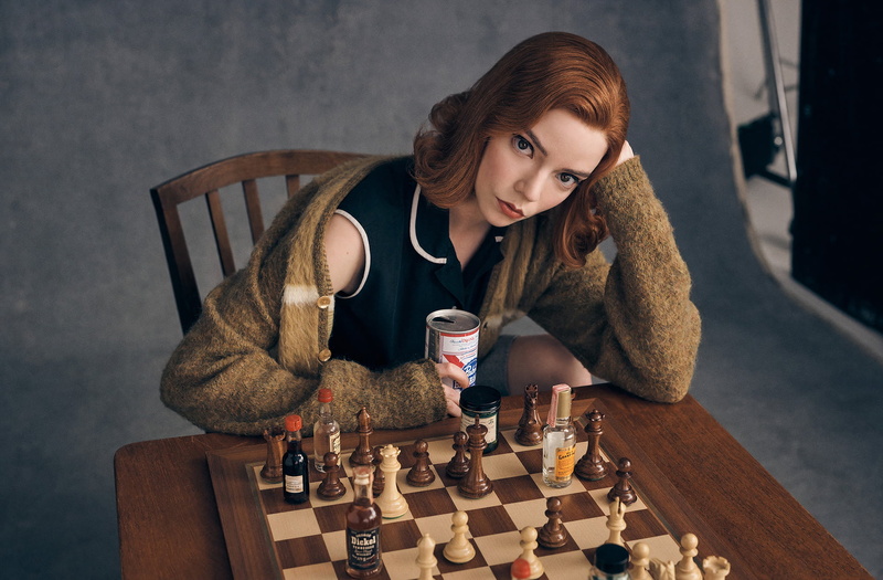 1080P, actress, women, Anya Taylor-Joy, chess, sitting, women indoors, pills, TV Series, The Queens Gambit, redhead, whisky
