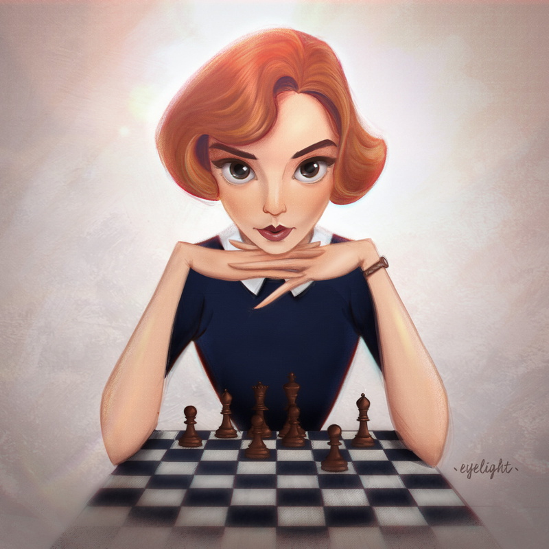digital painting, white background, simple background, digital art, looking at viewer, artwork, ArtStation, chess, Valentina Contini, fan art, 1080P, large eyes