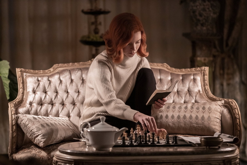 women, chess, reading, women indoors, 1080P, actress, Anya Taylor-Joy, film stills, The Queens Gambit, redhead, sitting