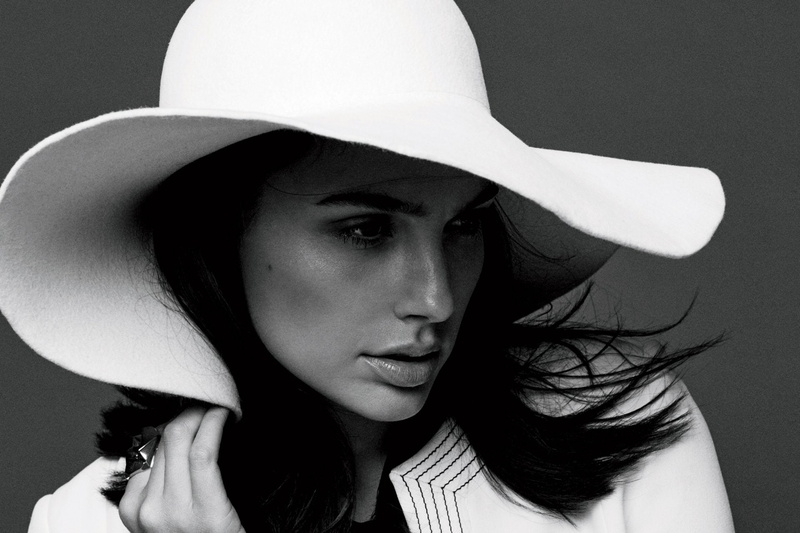 one person, beautiful woman, Gal Gadot, clothing, Hat, looking at camera, Face, real people, lifestyles, front view, Black and White, portrait, headshot