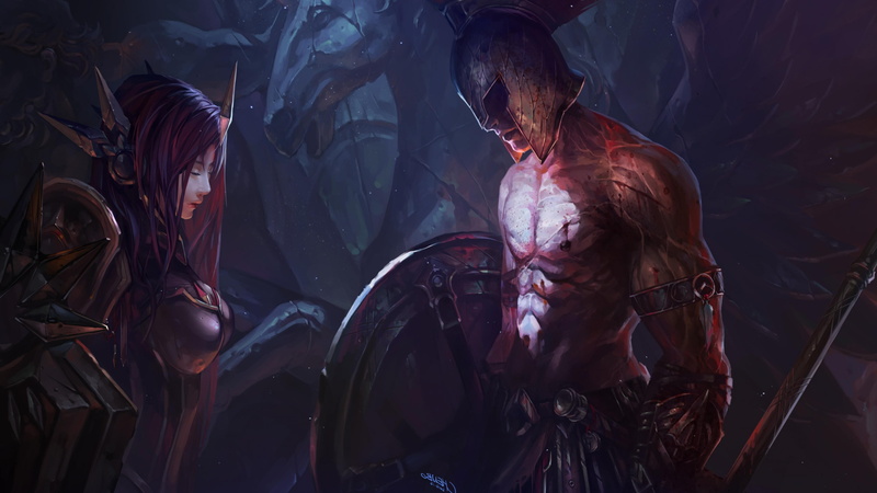 League Of Legends, 4K, digital art, Chenbo, Pantheon (League Of Legends), fantasy Art, Leona