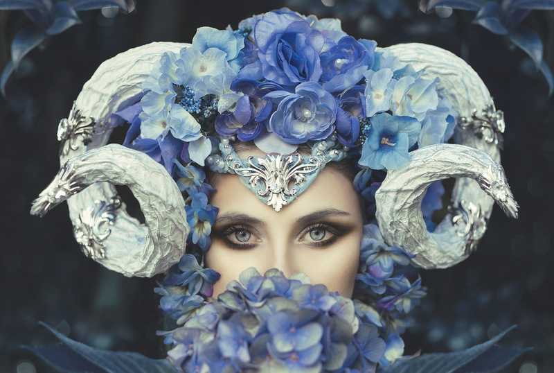 Rebeca Saray, disguise, plant, model, women, looking at camera, flower head, one person, headshot, real people, headwear, 1080P, day, fantasy girl, beauty in nature