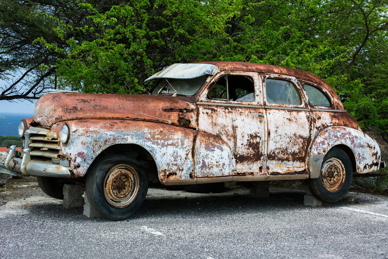 obsolete, deterioration, old, motor vehicle, ruined, pavement, transportation, classic car, rusty, damaged, car, land vehicle, tree, rust, decay, run-down