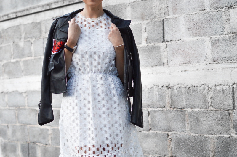 fashion, young women, casual clothing, front view, woman, outdoors, cinder, 4K, brick wall, lifestyles, black, white color, coat, block, standing, white