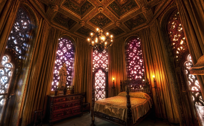 black, stained glass, built structure, belief, indoors, spirituality, Castle, wooden, luxurious, no people, seat, illuminated, ornate, religion, lighting equipment