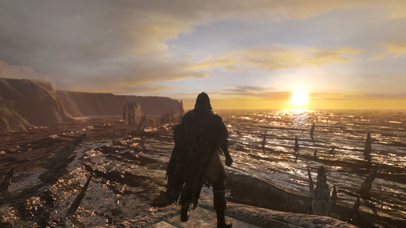 scenics - nature, rear view, nature, Dark Souls II, man, mountains, cloud - sky, standing, environment, sea, video games, sunlight, men, cliff, 1080P