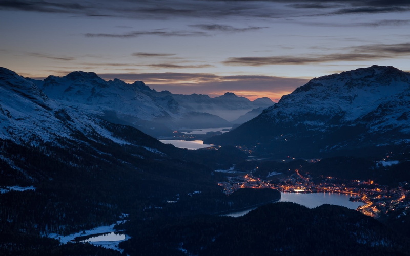 sky, sunset, cityscape, snowy peak, idyllic, scenics - nature, europe, nature, houses, ice, lake, evening, mountain Peak, near, rock, winter, 1080P, dusk