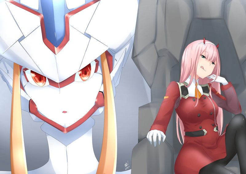 Horns, Robot, Strelizia (Darling in the FranXX), Anime, Green Eyes, Red Eyes, Darling in the FranXX, 1080P, Smile, Pink Hair, Long Hair, Zero Two (Darling