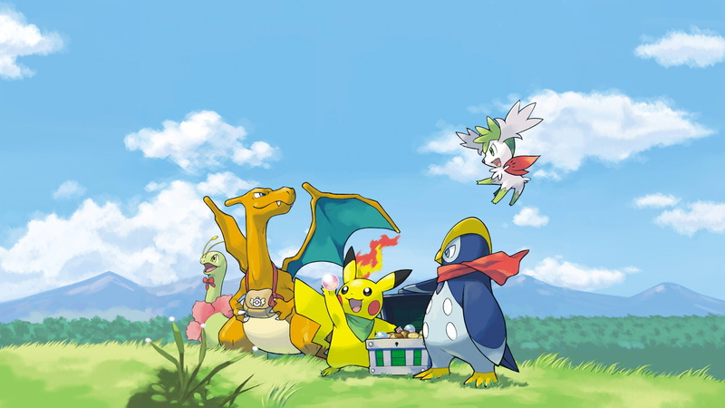 4K, Pikachu, Shaymin (Pokémon), Meganium (Pokemon), Pokémon Mystery Dungeon: Explorers of Sky, Video Game, Charizard (Pokémon), Prinplup (Pokémon)