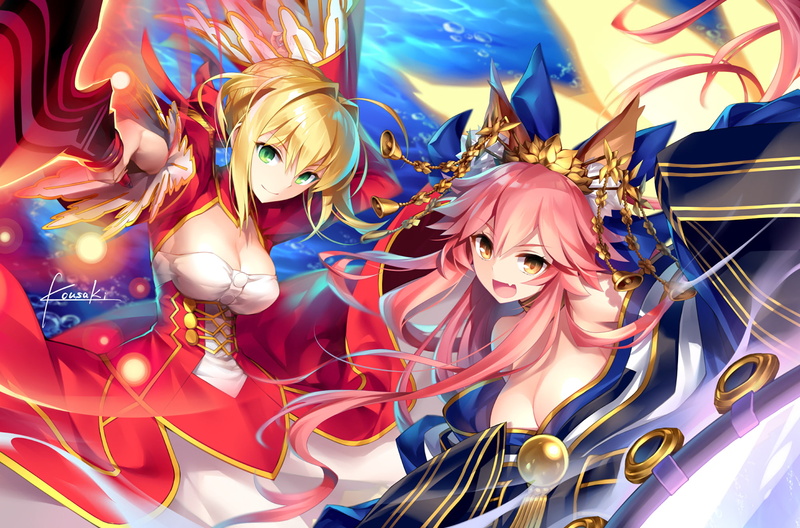 saber, blonde, Anime, pink hair, 1080P, fate extra, caster