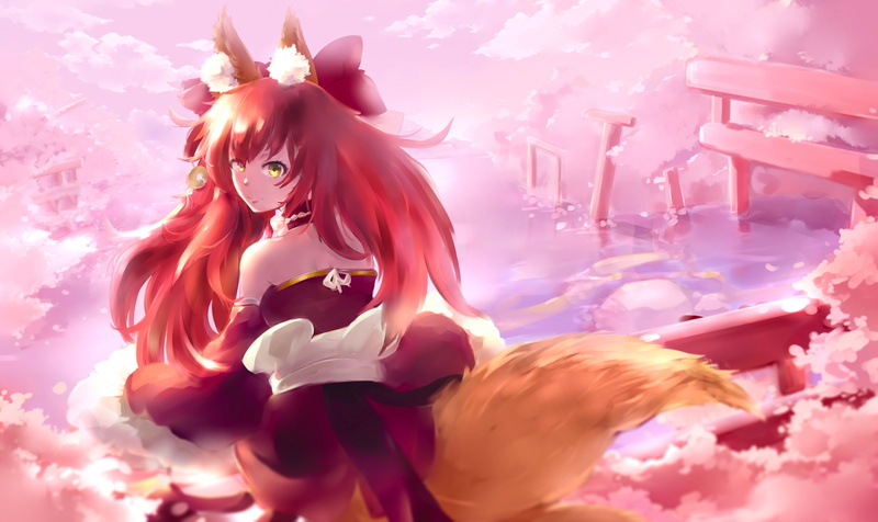 creativity, fate extra, angel, art and craft, sky, Anime, animal, close-up, animal ears, outdoors, nature, low angle view, sunlight, fox girl, pink hair