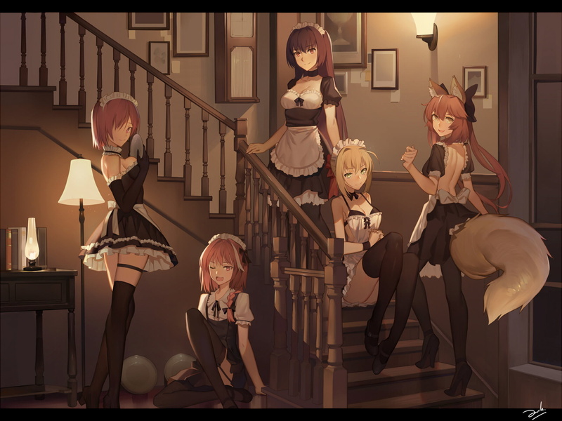 Glove, Braid, women, sitting, Fate Series, young adult, 1080P, Collar, Smile, Maid, standing, young women, beautiful woman, lighting equipment, Tail, indoors