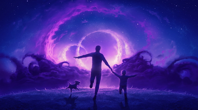 lights, peace, digital art, 1080P, grass, dog, stars, families, night, purple, Heaven and Hell, sky