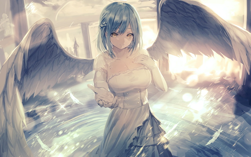 white wings, stretched out his right hand, by Moira Nijisanji, blue hair, girl - angel, gesture, neckline, corset, 2K, white dress, angel