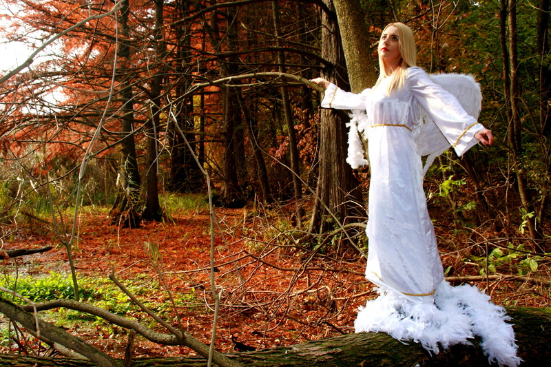 one Person, outdoors, day, nature, beauty, 4K, trees, plant, standing, paradise, women, hairstyle, blonde, wings, beautiful, young adult, white, red, near
