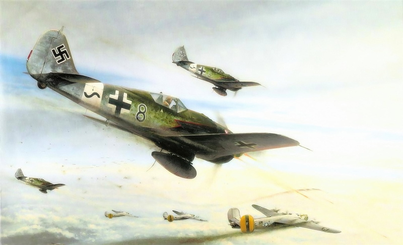 painting, military airplane, airplane, green, sky, fw 190, b 24 liberator, war, flying, gray, ww2, aviation, motion, fighter plane, side view, aerospace industry